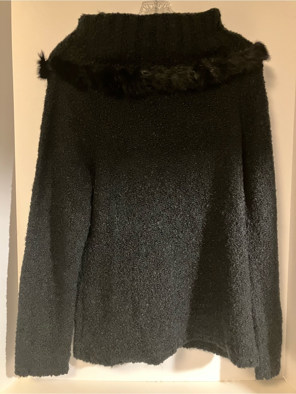 Black Fuzzy Off-Shoulder Sweater with rabbit Fur Trim